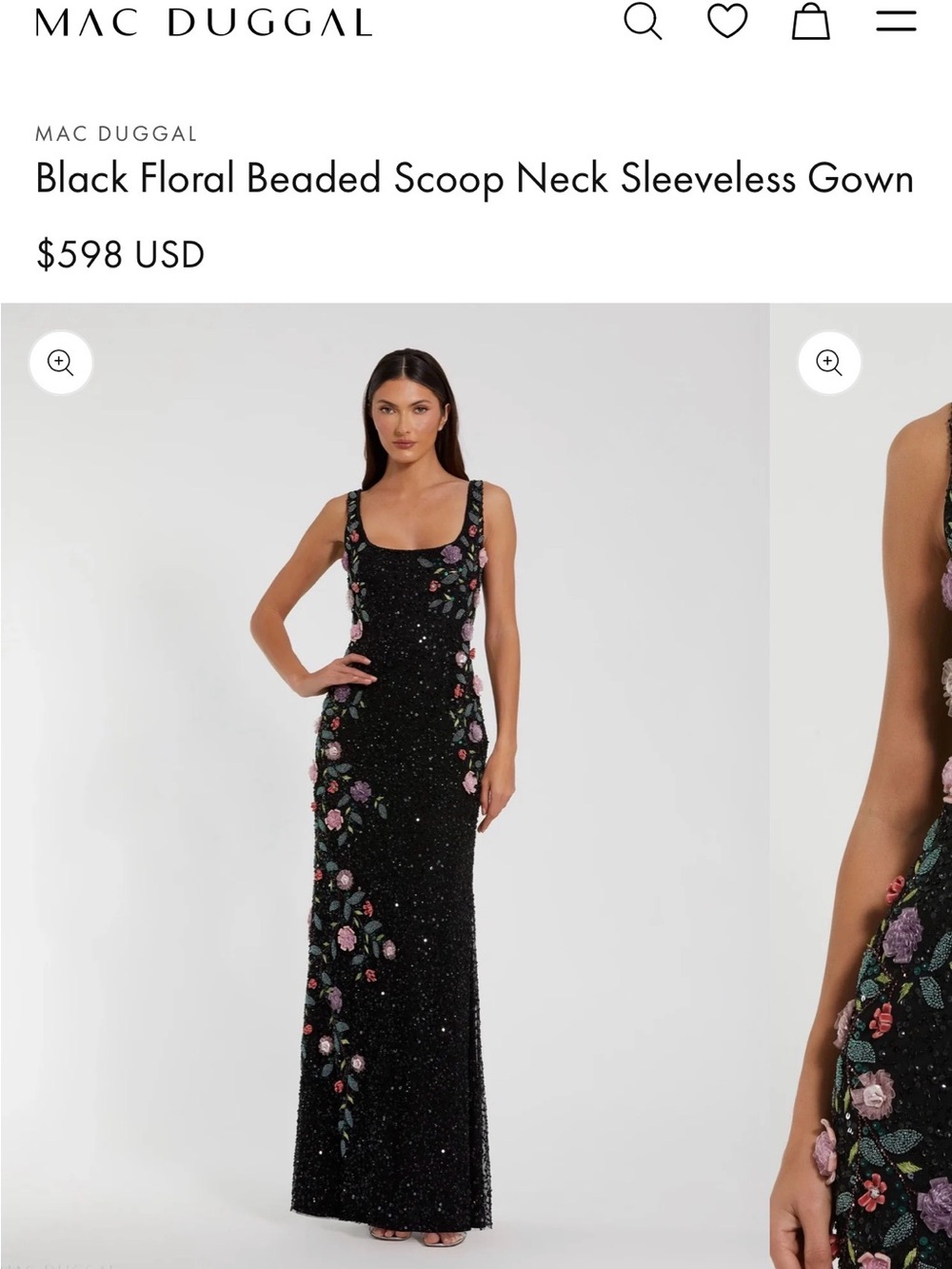 Mac Duggal Black Floral Beaded Scoop Neck Sleeveless Maxi Gown